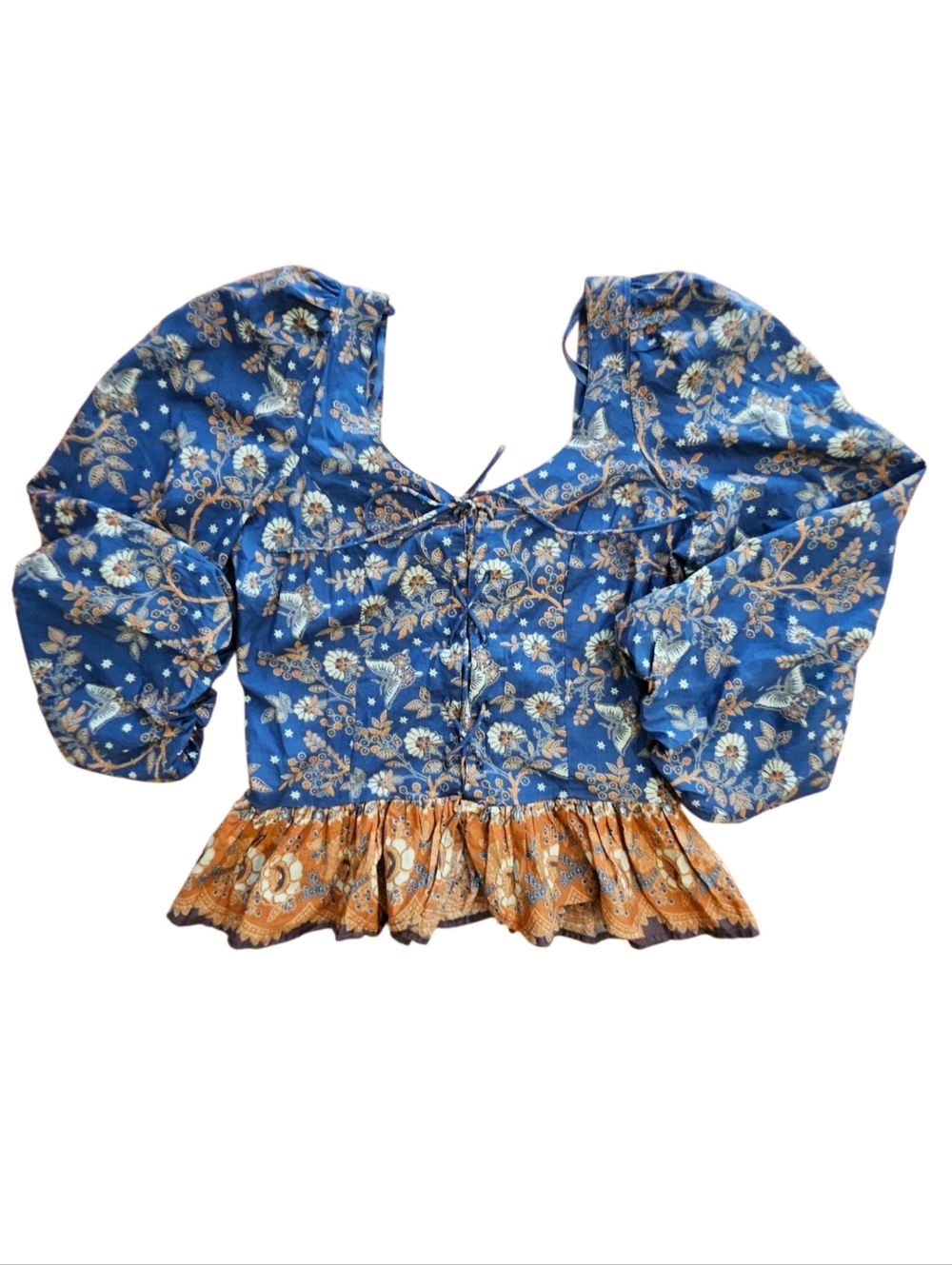 Boho Floral Ruffle Women’s Top - Blue & Orange-Size Medium-NWOT - Picture 2 of 12